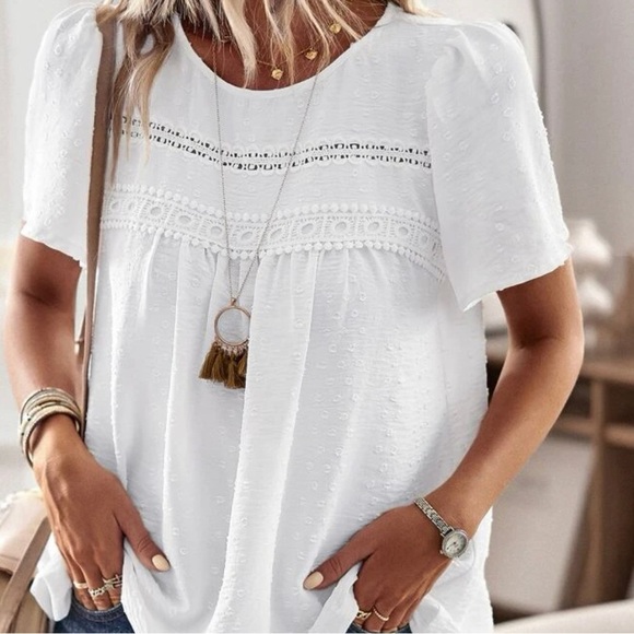 Frenchy Swiss Dot Contrast Guipure Lace Tee - Picture 8 of 8